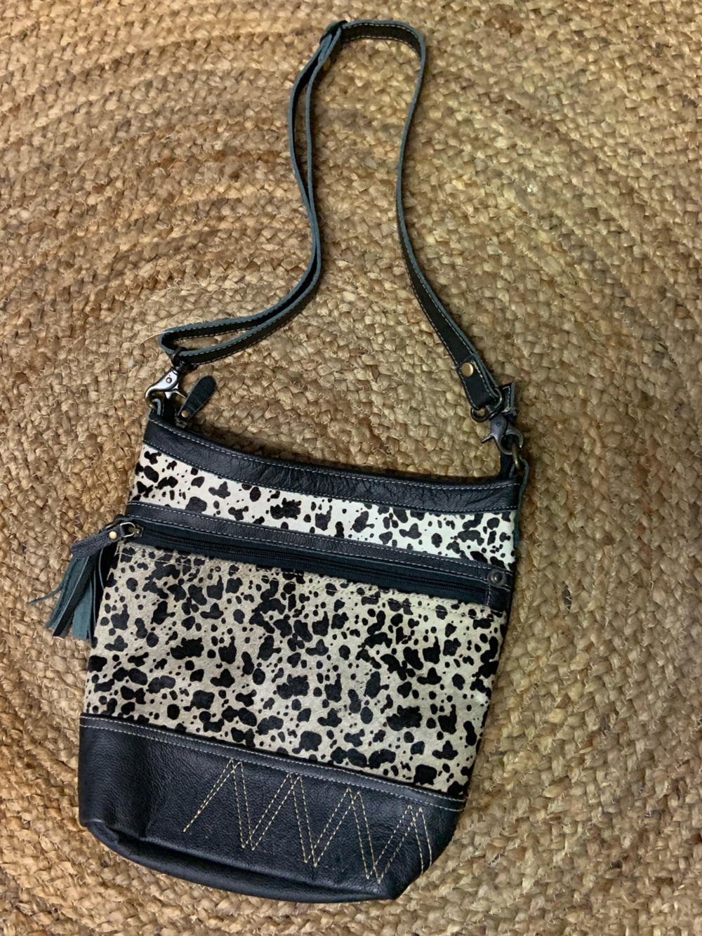Myra Bag Cow Printed Spotted Crossbody with Tassel